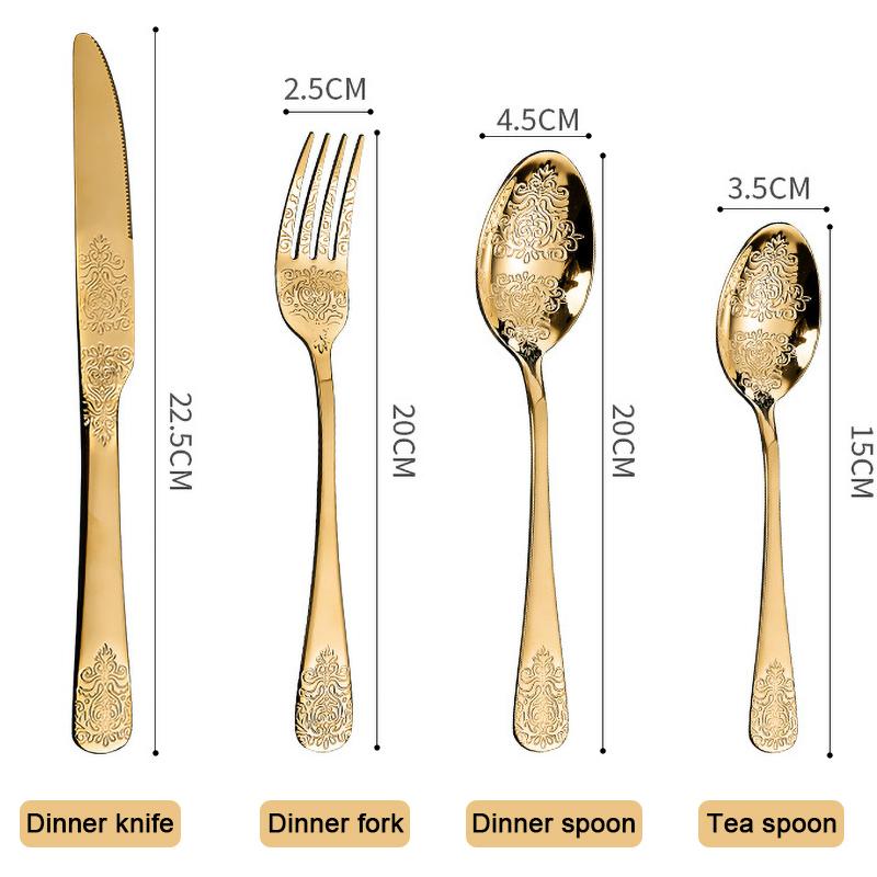 Gold Cutlery Set Vintage Tableware Set Stainless Steel Flatware Knife Fork Spoon Luxury Western Silverware Dinnerware Set