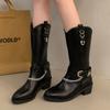 Модные женские сапоги для верховой езды с металлической цепочкой и толстым каблуком, осенне-зимние сапоги из искусственной кожи до середины голени, женские модные мотоциклетные сапоги с пряжкой и ремешком
