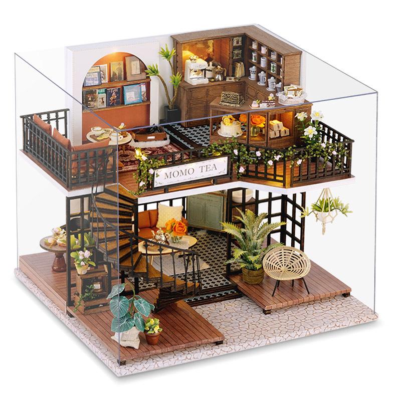 Wooden Doll House Cat Cafe Mini DIY Small House Kit Making Room Toys Home Bedroom Decoration with Furniture For Gifts Dollhouse