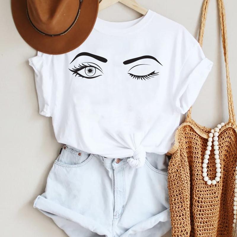 2025 Women Ladies Watercolor Casual Eye Eyelash Fashion Cartoon Summer Lady Print Tee Stylish T Top Tshirts Clothes T-Shirt