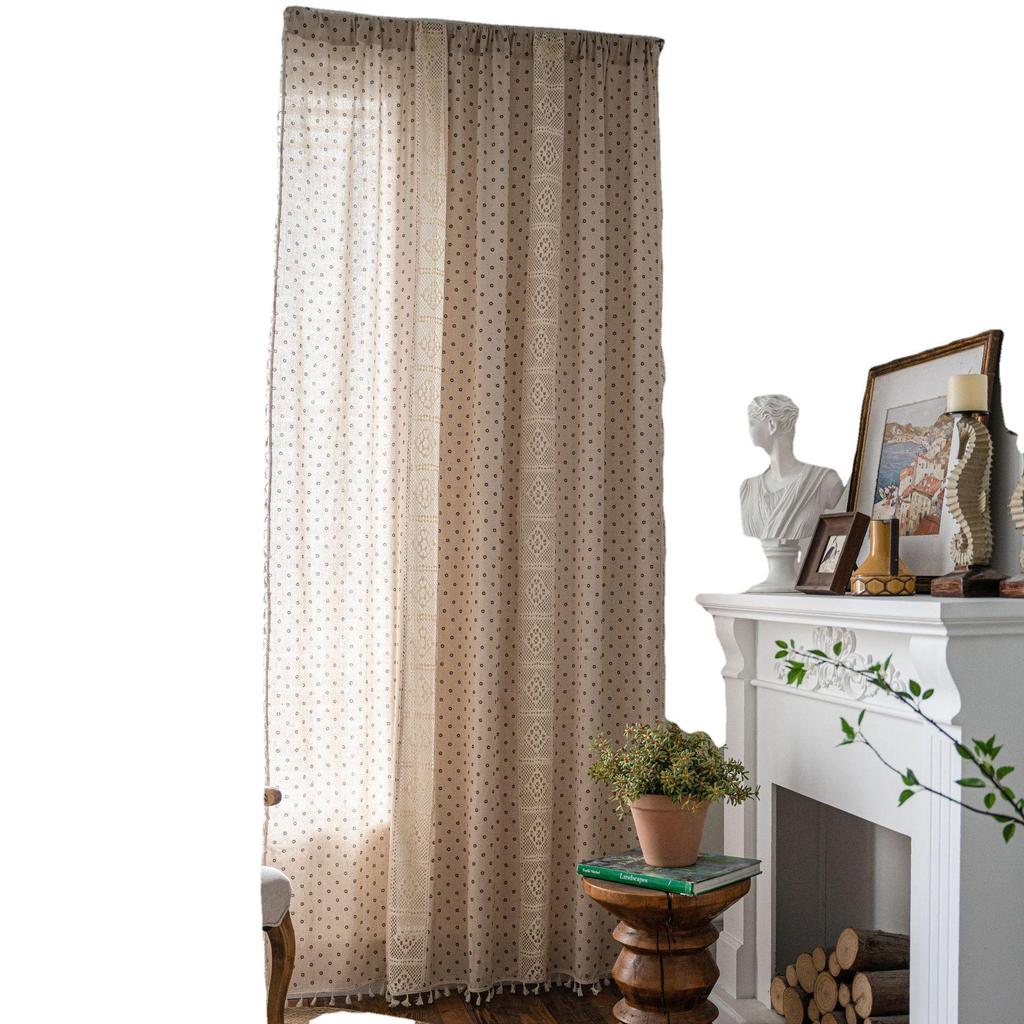 Imanqi Yun Coffee-Beige American Style Kitchen Curtains – Printed, Patchwork, Semi-Blackout with Tassels