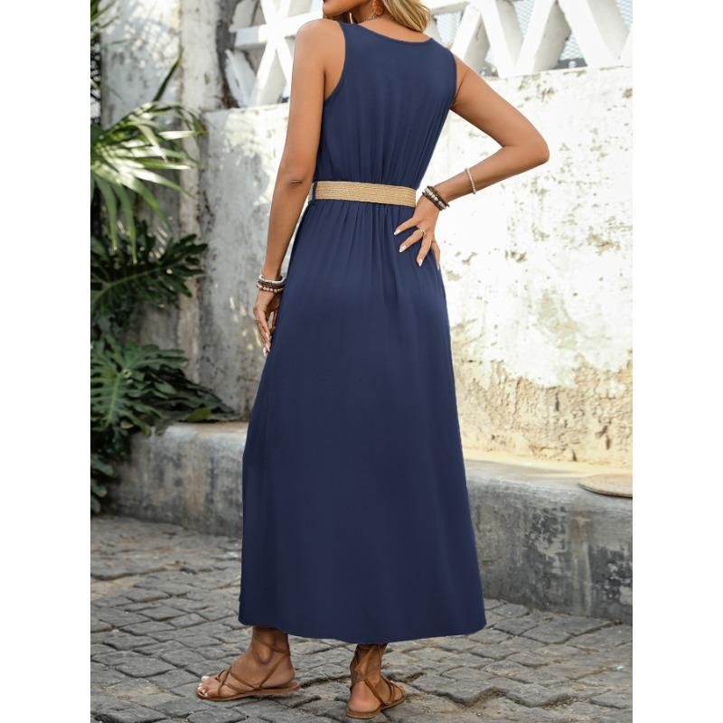VEZFAA Women's Fashion Summer Spring Solid Color Print Sleeveless U-Neck High Waist Casual Dresses
