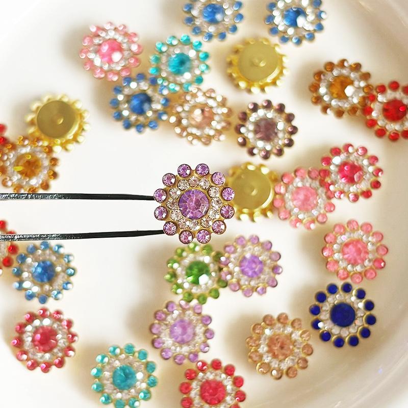 100pcs 14mm Round Plum Blossom Drill Triple Diamond Buckle Multicolor Flower Beads Round DIY Hair Accessories Colorful Double Layer Flower Rhinestones