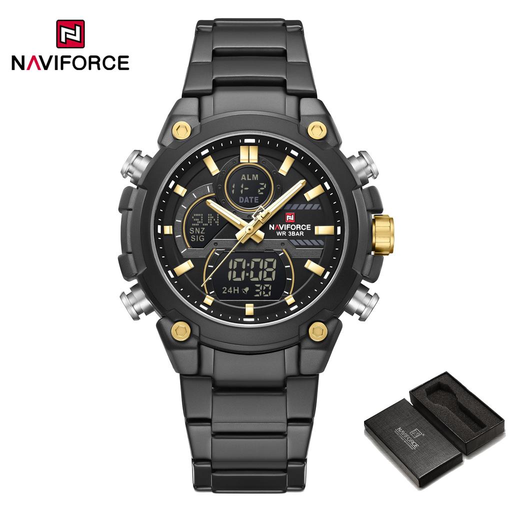 Naviforce Мужские часы с двойным временем Кварцевый механизм Цифровой ЖК-дисплей Хронограф Светящиеся стрелки Ремешок из нержавеющей стали Водонепроницаемые мужские часы NF9278