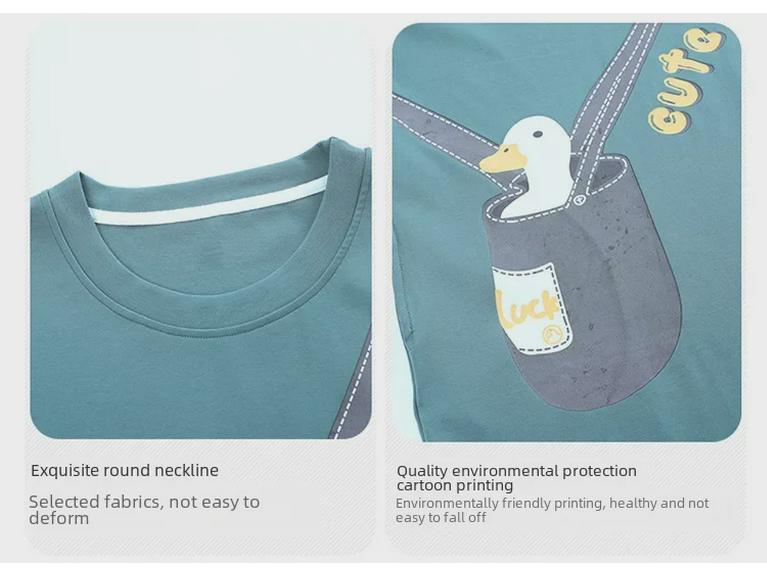 Милая хлопковая летняя ночная рубашка с рисунком для женщин – свободный крой, короткий рукав, корейский стиль, юбка средней длины