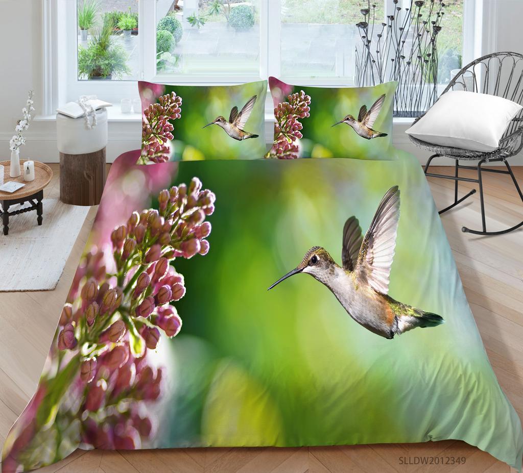 Hummingbird Duvet Cover Set King/Queen Size Small And Cute Tropical Bird Yellow Flower Green Leaves Bedding Set Women