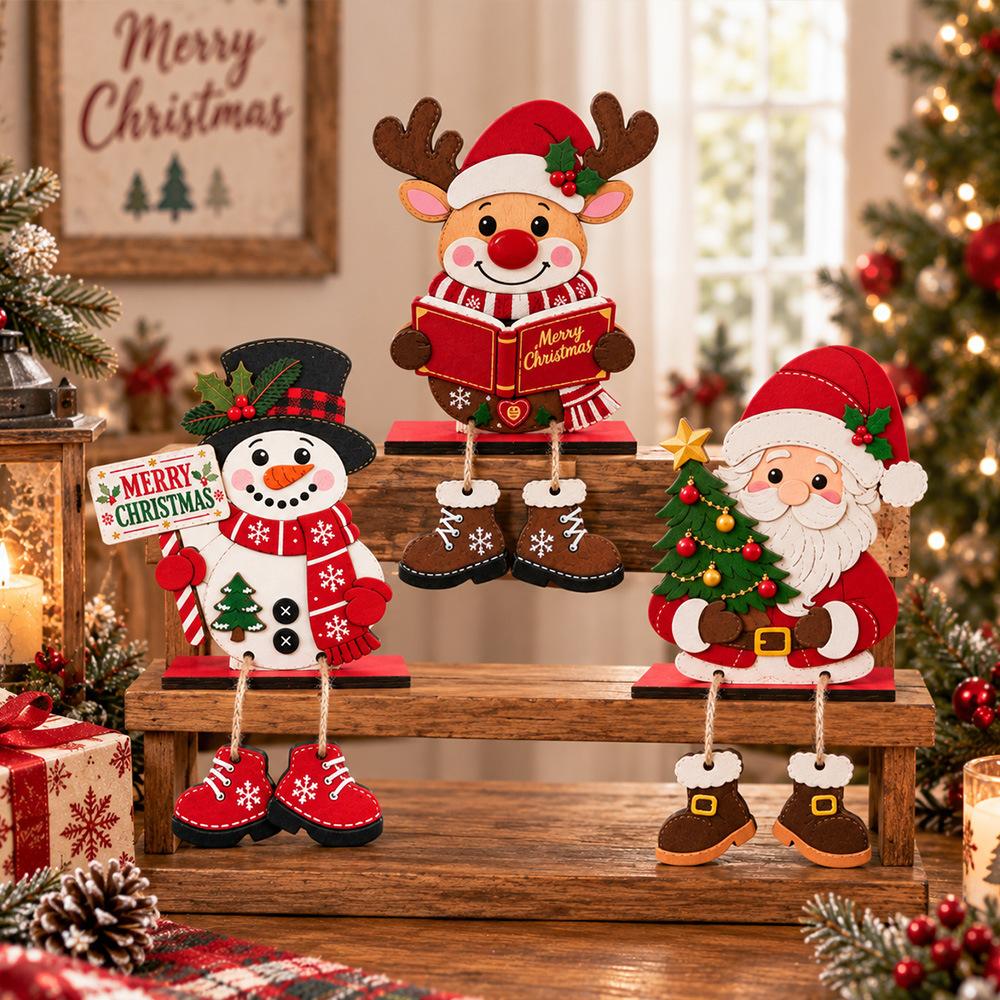 Painted Wooden Santa with Legs Figure, Freestanding Christmas Table Ornament, Printed Wood Holiday Decor for Desk Shelf