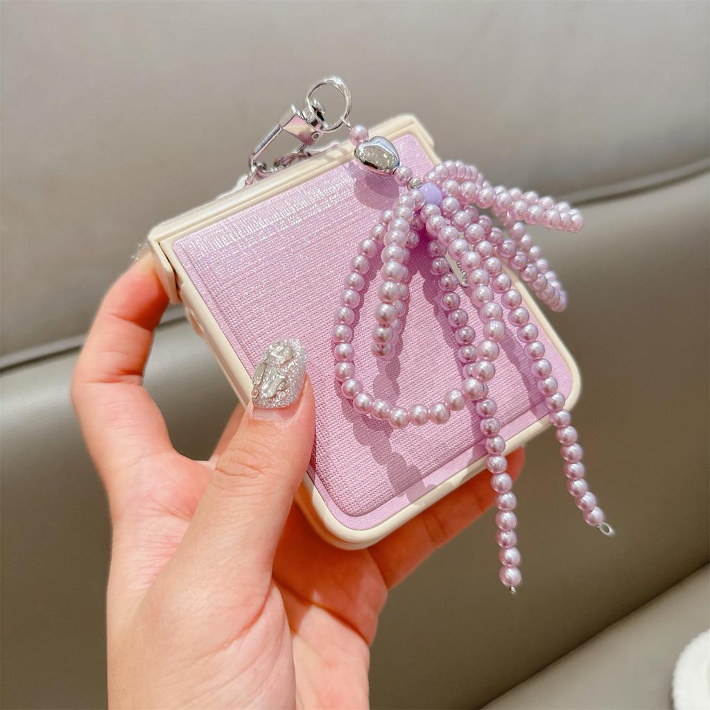 For Samsung Galaxy Z Flip7 FE 5G/Z Flip6 5G Case Hinge Protection Leather+PC Phone Cover with Bow Beaded Strap