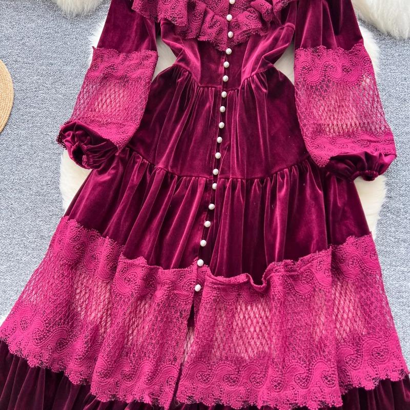 Платья High Street Женские ретро кружевные пэчворк золотые бархатные платья с французской жемчужной пряжкой длиной до талии винтажные шикарные платья