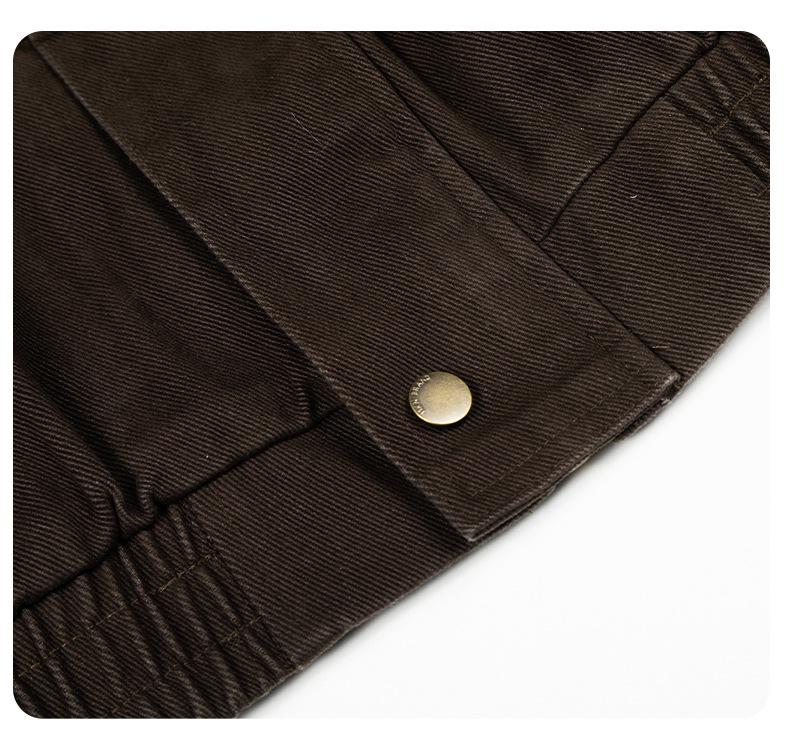 Унисекс Ретро Темно-коричневая куртка с авиационной пряжкой 11KN: Стирка, Потертый, Верхняя одежда с коротким воротником-стойкой