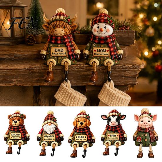 Christmas Character Statue Stocking Holder, Mantel Resin Sitting Leg Hook, Holiday Decoration Ornament Festive for Home Fireplace Display Unique