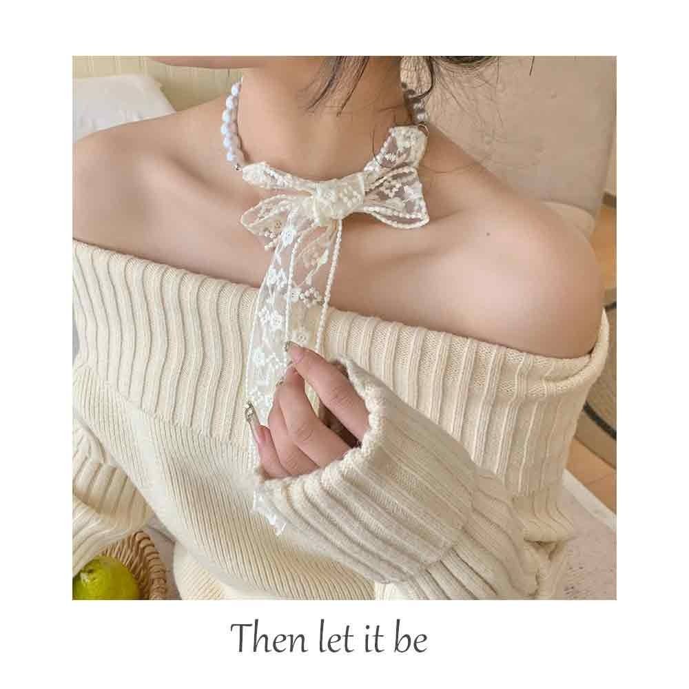 Summer Pearl Necklace Lace Scarf Hollow Embroidery Bags Handle Decor For Women Collarbone
