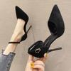 Fashion 2025 Spring and Summer New Black High-heeled Sandals French Girl Stiletto Buckle All-match Women's Pointed Toe Single Shoes