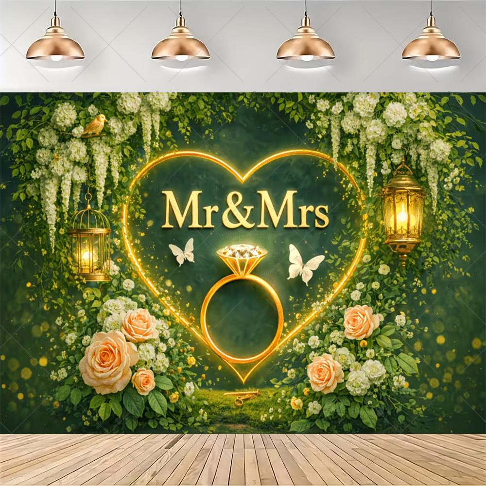 Elegant floral garland, Mr & Mrs theme, gold background, ribbon, wedding party decoration, backdrop, photography supplies2076