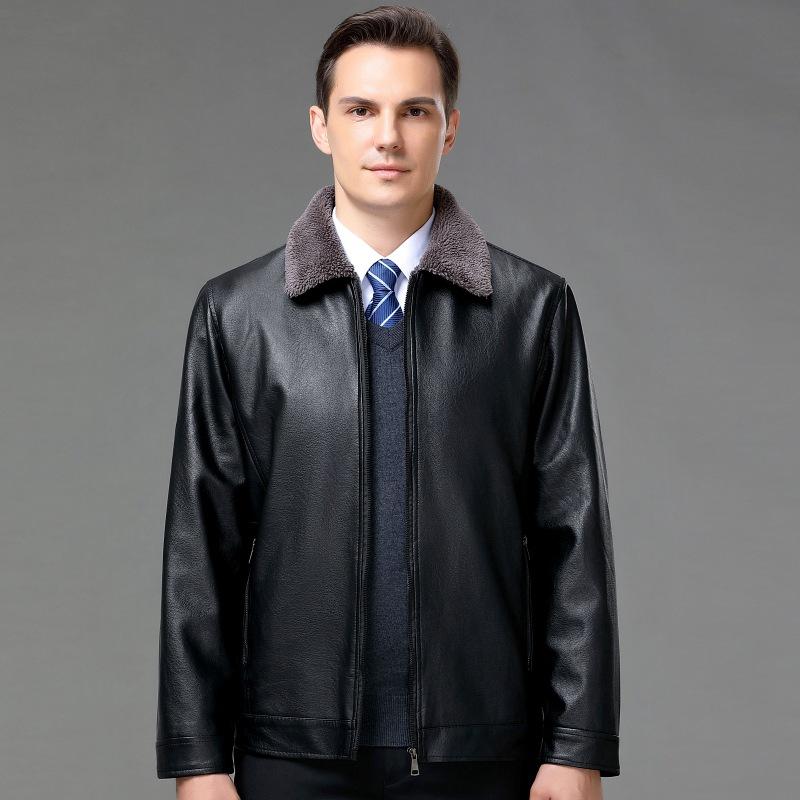 Leather Jacket Men's Autumn and Winter Plus Velvet Fur One-piece Men's Coat Lapel Plus Fat Enlarged Men's Leather Jacket