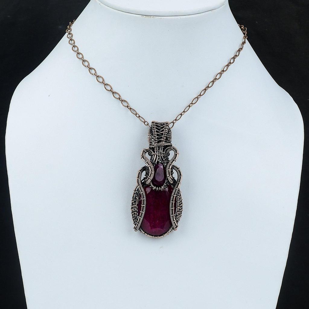 Граненый кашмирский рубиновый кулон, кулон из медной проволоки, кулон ручной работы, медная проволока, ювелирные изделия, кулон с драгоценным камнем, уникальный кулон для подарка