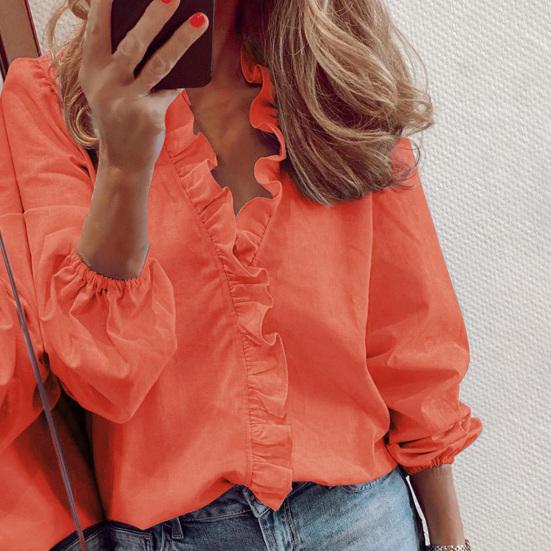 Женская свободная блузка с рюшами и V-образным вырезом с длинным рукавом и повседневным фонариком