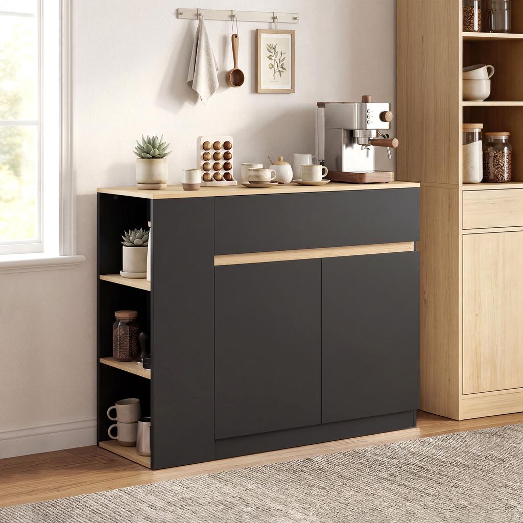 Sideboard, Buffet, Large Cabinet Compartment, 3-Tier Shelf, Drawer, Black, 110 x 29.5 x 82cm