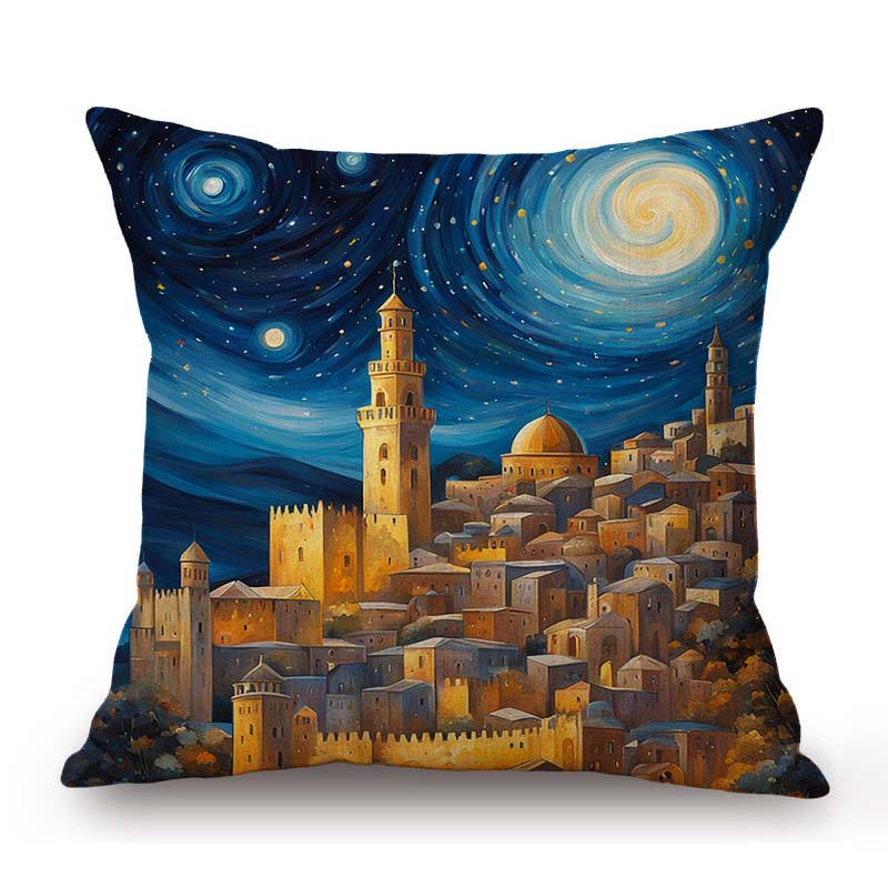 Starry Starry Night Modern Art Oil Painting City Town Under The Moon Light Home Decoration Art Pillow Case Sofa Cushion Cover