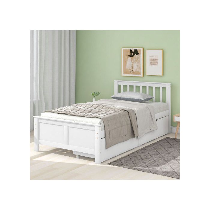 Lit en bois - MUVOE - 90x200 cm - Blanc - Avec tiroirs de rangement - Style classique