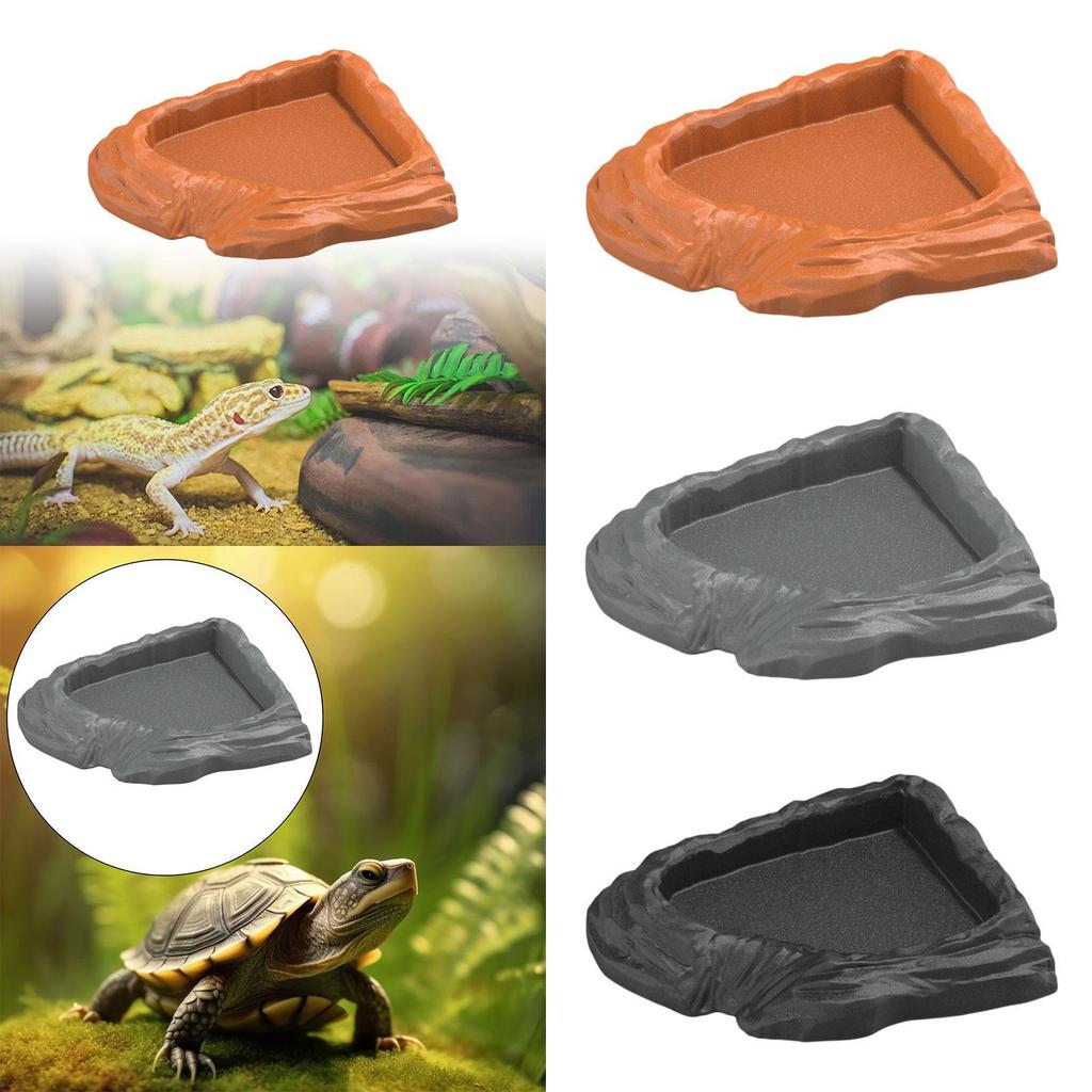 Reptile Water Bowl Plastic Corner Dish Realistic Rock Feeding Tray for Turtle Aquarium and Reptile Habitat