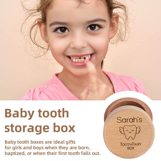 Коробочка для молочных зубов Деревянная круглая Коробка для хранения молочных зубов Футляр для хранения детских зубов Подарок на день рождения, крестины для мальчиков и девочек