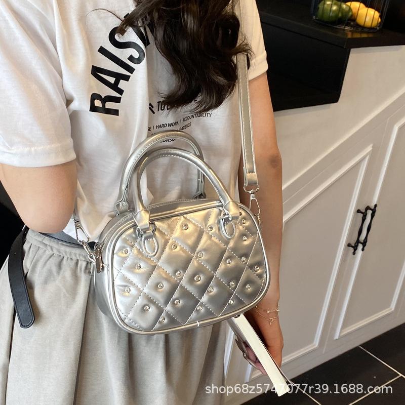Temperament Light Luxury Portable Bowling Bag Women's 2025 New Fashion Diamond-encrusted Pearl Shoulder Bag Commuter Messenger Bag