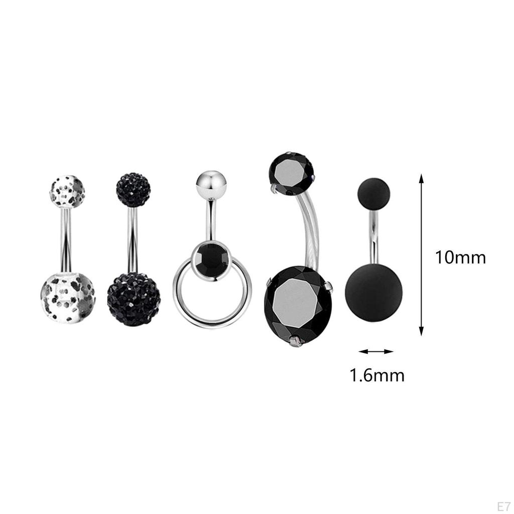 5 Pieces Belly Button Rings Navel Barbell 10mm Short Fashion Stainless Steel Zircon 1.6mm for Women