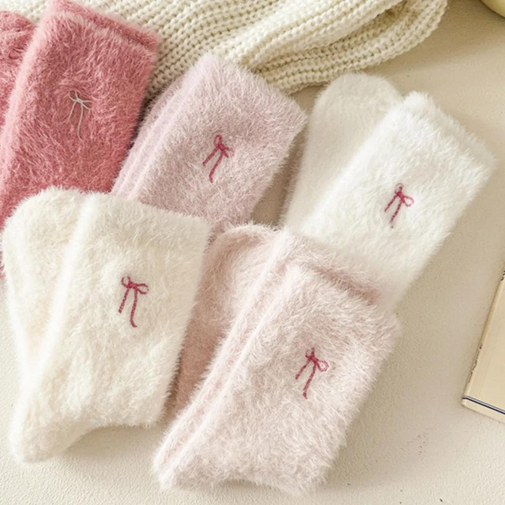 1/5 Women's Thickened Mink Socks Pink Heart Embroidery Plush Sleepwear Solid Color Warm Middle Tube Autumn Winter Home Socks