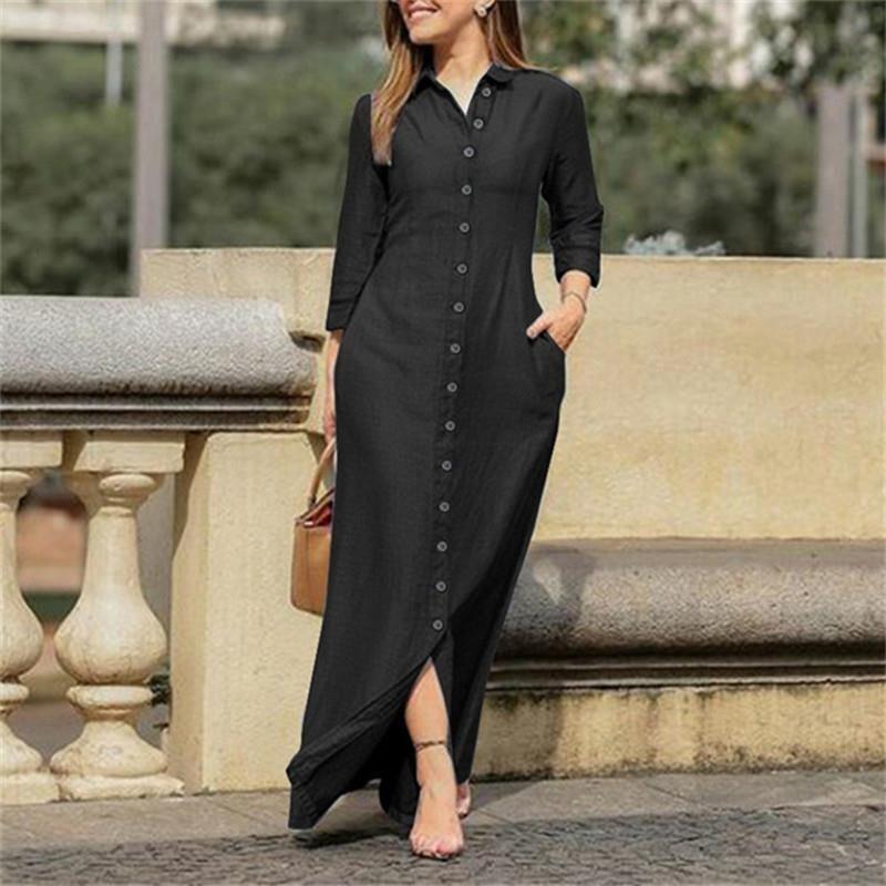 Elegant and Fashionable Long-sleeved Lapel Solid Color Long Denim Dress