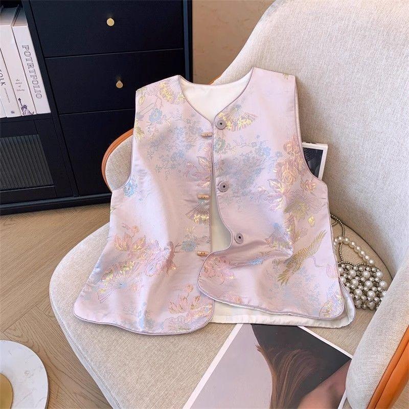 2025 Spring Vest Embroidered Round Neck Disc Button Vest Women's New Temperament High-end Top Tide