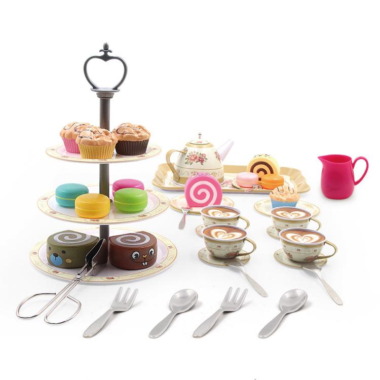 Kids Play Food Set, 3-Tier Dessert Stand Cupcakes Macarons, 44PCS Assorted Colors, Afternoon Tea Role Play Toy