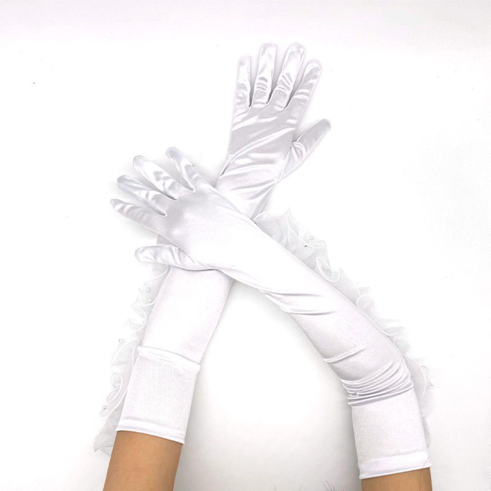 Pearl Trim Long Opera Gloves Organza Ruffle Lace Gloves Elegant Satin Gloves Wedding