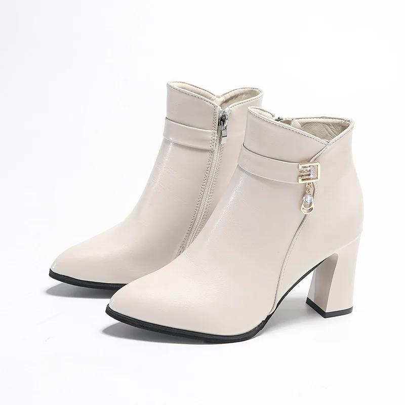 Модные женские ботильоны черного цвета с острым носком на высоком каблуке, осенне-зимние ботинки на толстом каблуке со стразами, кожаные ботинки Bota Feminina