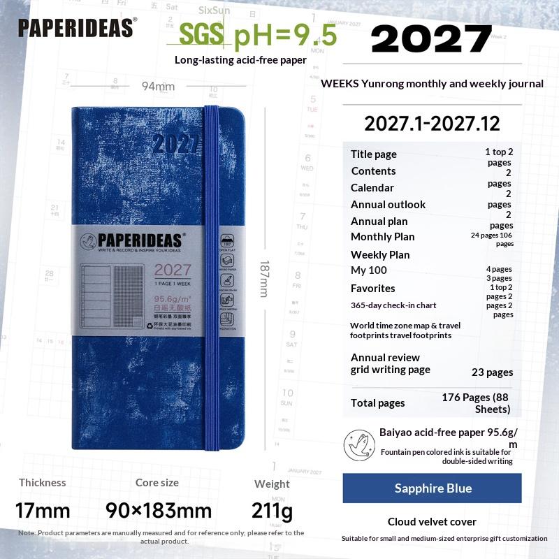 Paperideas Узкий еженедельник 2027 PU Твердая обложка Журнал недель Кислотостойкая бумага Органайзер времени Расписание Руководство