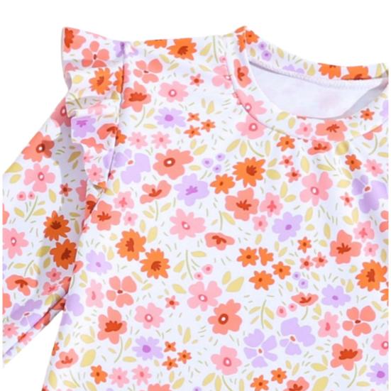 Girls Sun Protection Swimsuit Set Two Piece Rash Guard Long Sleeve Bathing Suit Tankini with Bikini Bottoms Floral Print Kids Beachwear