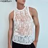 Летние мужские свободные топы без рукавов из сетчатого прозрачного кружева