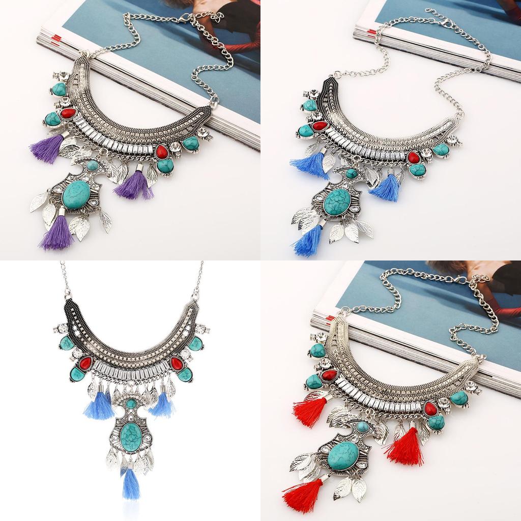 Ethnic Style Simulation Gemstone Decoration Women Necklace With Tassel Design For Art Lovers