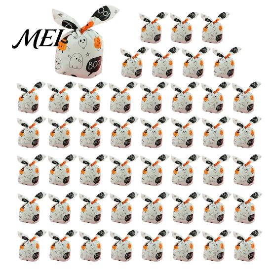 Halloween Souvenir Gift Packaging 48 Pcs Candy Bags, Kids Trick or Treat Goodie Cute Rabbit Transparent Cookie Bags with Drawstrings Ear Small Plastic