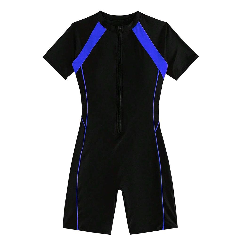 Women's One-piece Solid Color Patchwork Flat Angle Short Sleeved Zippered Swimsuit