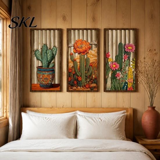 Triptych Wall Hanging Set 3PCS Boho Cactus Wooden Art, Desert Floral Hanging, Modern Farmhouse Art Southwestern Botanical Prints for Home Living Room
