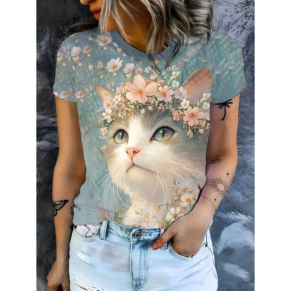 Женская футболка с принтом кошки, оверсайз, свободного кроя, повседневная, модная и универсальная