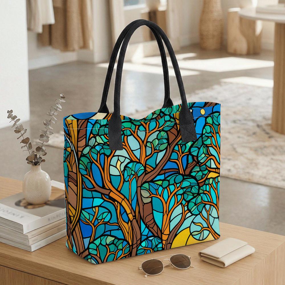 Stained Glass Tree Pattern Tote Bag Casual Large Capacity Daily Shoulder Handbag