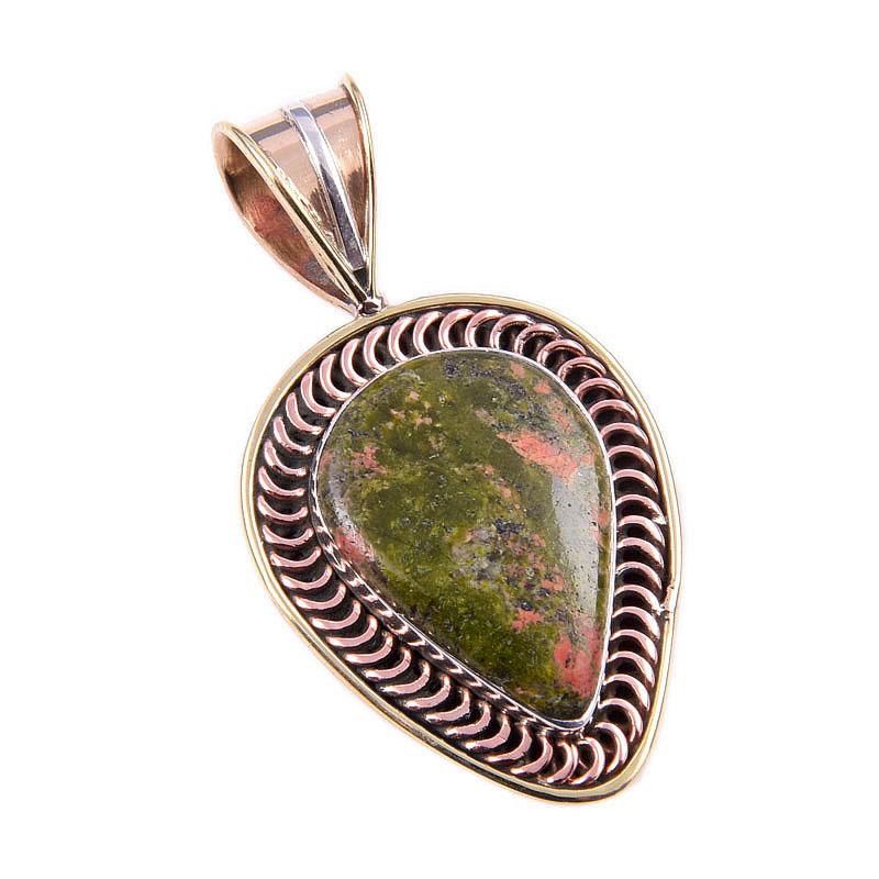 Natural Unakite Gemstone 925 Solid Sterling Silver Two Tone Pendant 1.50" U1u38