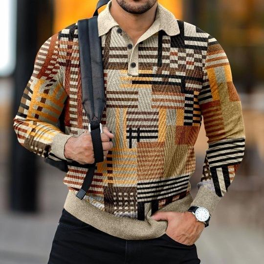 Men's patchwork striped long-sleeve polo shirt, fashionable casual wear.