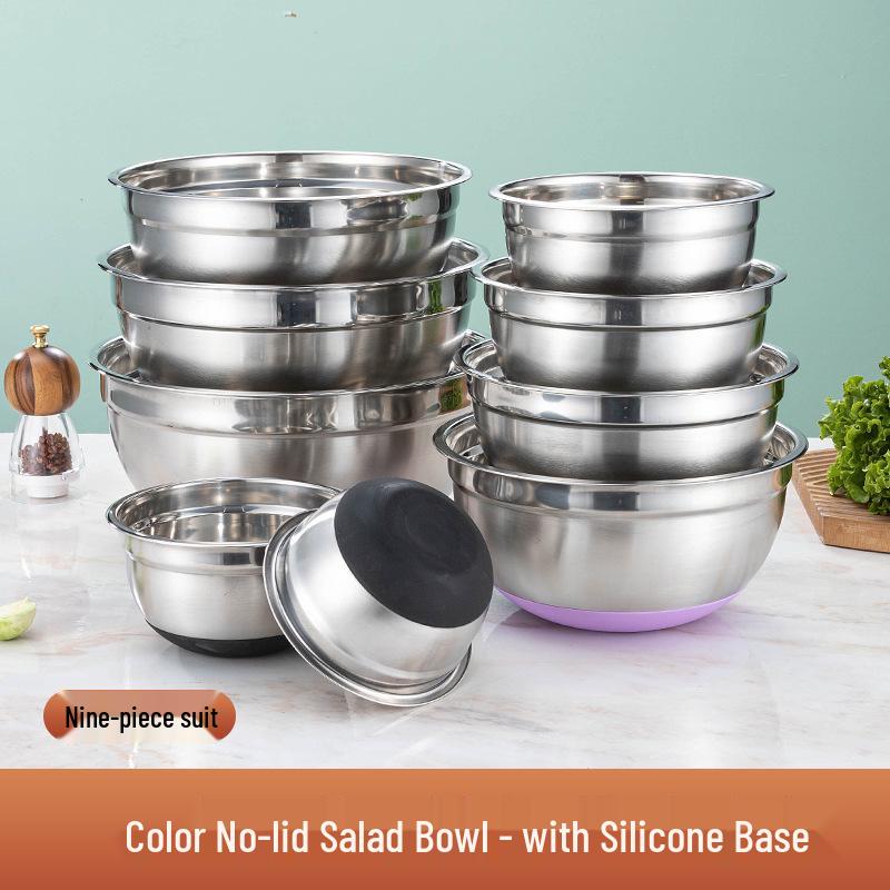 Non-Magnetic Stainless Steel Salad Bowl with Silicone Non-Slip Base and Lid – Perfect for Mixing, Baking, and Dough Kneading