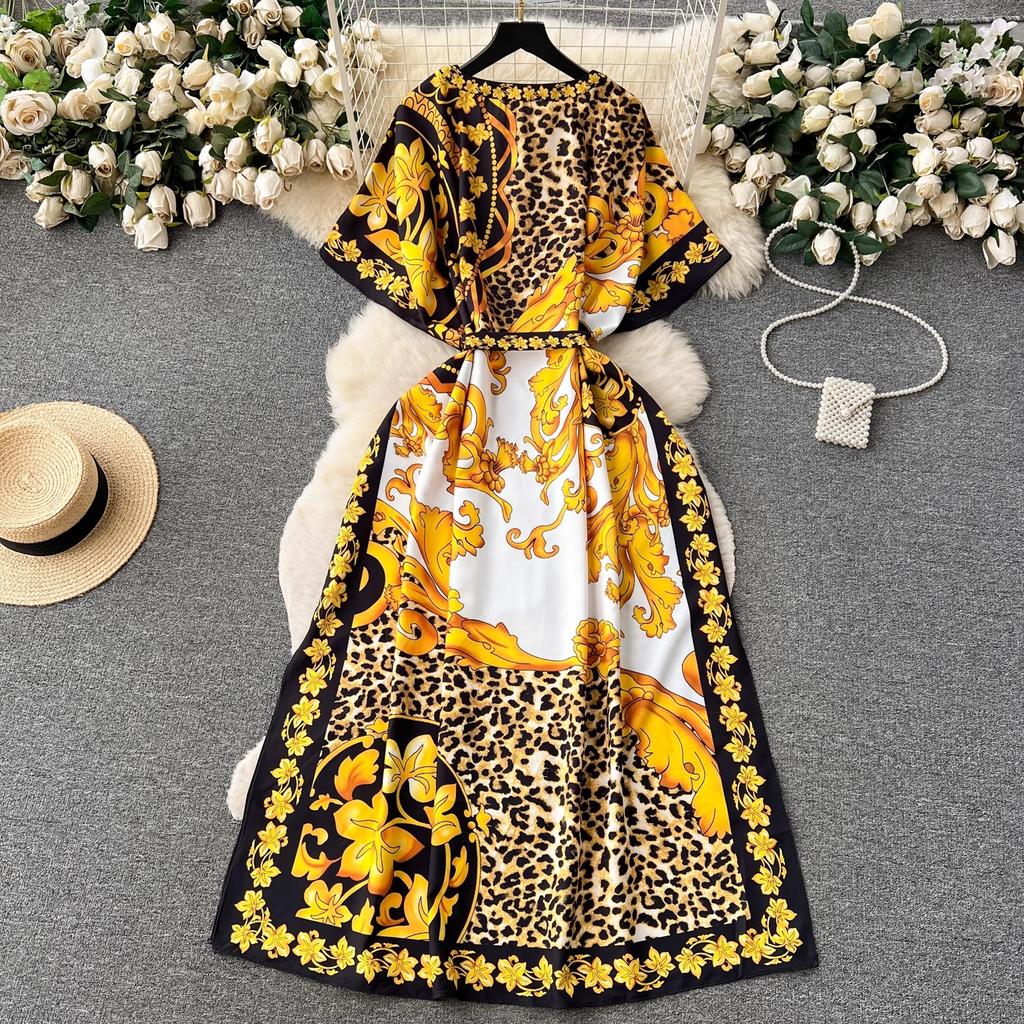 Summer Runway Baroque Leopard Dress Women Batwing Sleeve V Neck Golden Flower Print Bandage Lace Up Belt Loose Maxi Robe
