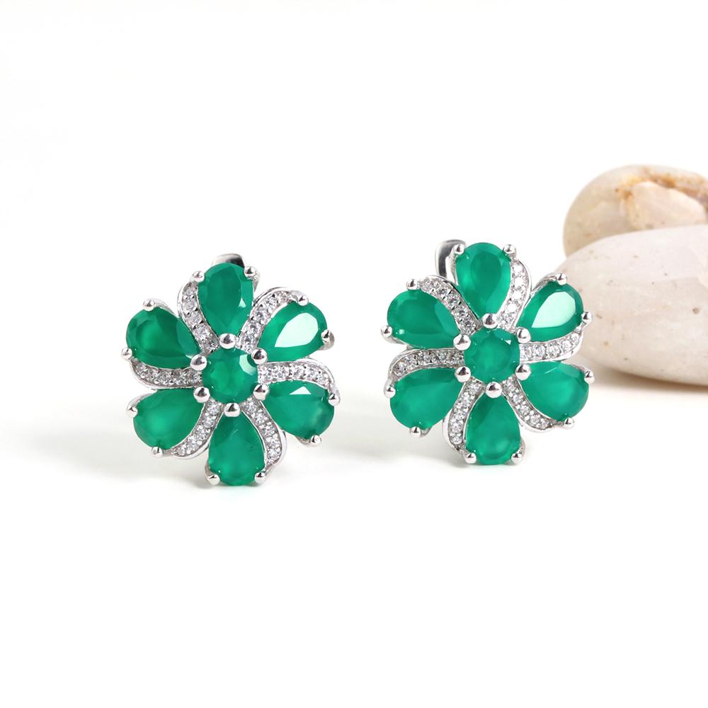 Gorgeous and Elegant Natural Green Agate Gemstones Flower Design Earrings 925 Sterling Silver Jewelry for Women Valentines Gift