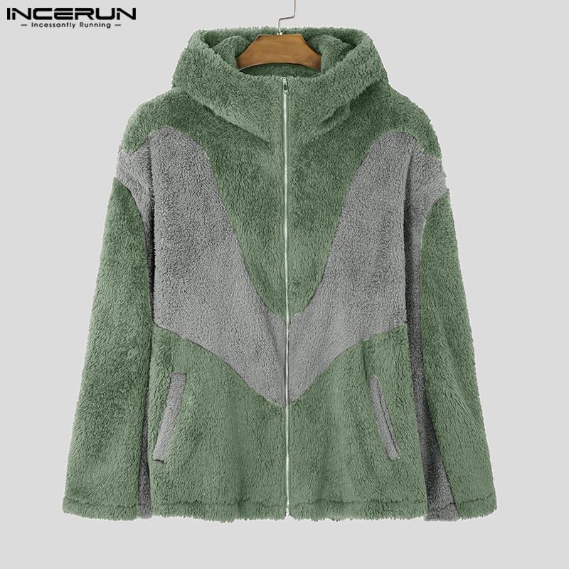 INCERUN Мужские толстовки с длинным рукавом и молнией с мехом, повседневные толстовки с высоким воротом в стиле пэчворк