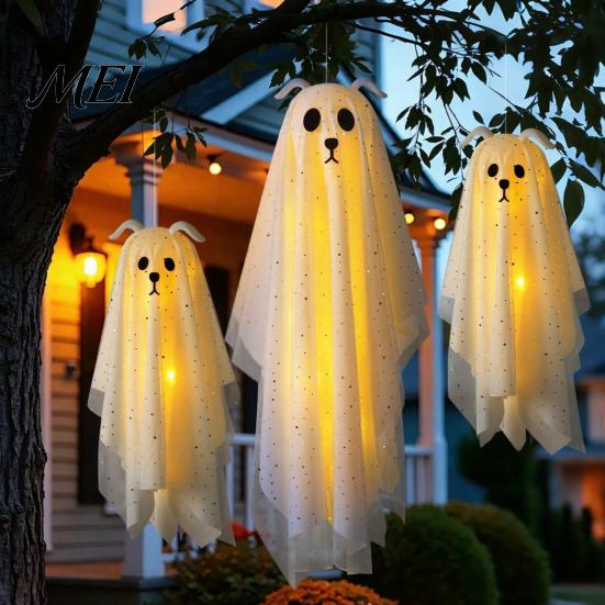 Playful Ghost for Indoor Parties 3 Pcs Lighted Dog Hanging Ornaments, Spooky Halloween Outdoor Flying Floating Decor Gauze with LED Light Tree